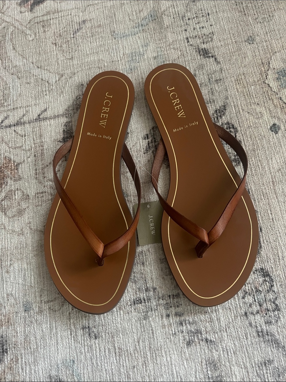 J. Crew Capri Brown Leather Thong Sandals with Gold Trim Size 8